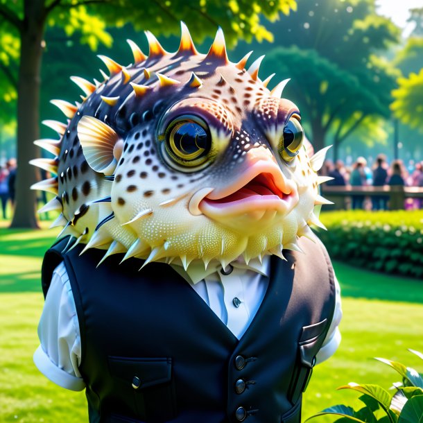 Pic of a pufferfish in a vest in the park