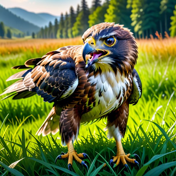 Image of a threatening of a hawk in the meadow