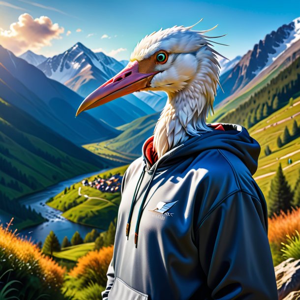 Pic of a stork in a hoodie in the mountains