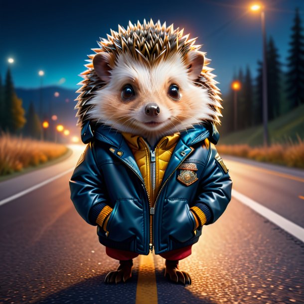 Illustration of a hedgehog in a jacket on the road