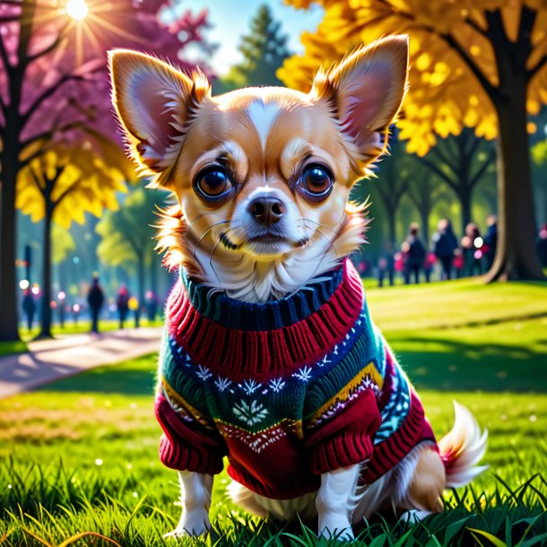 Imagem de um chihuahua em um suéter no parque