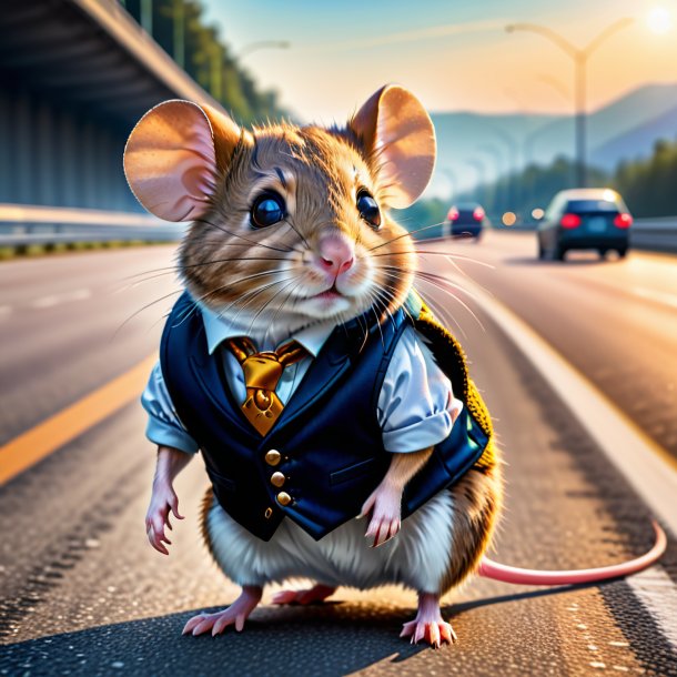 Picture of a mouse in a vest on the highway