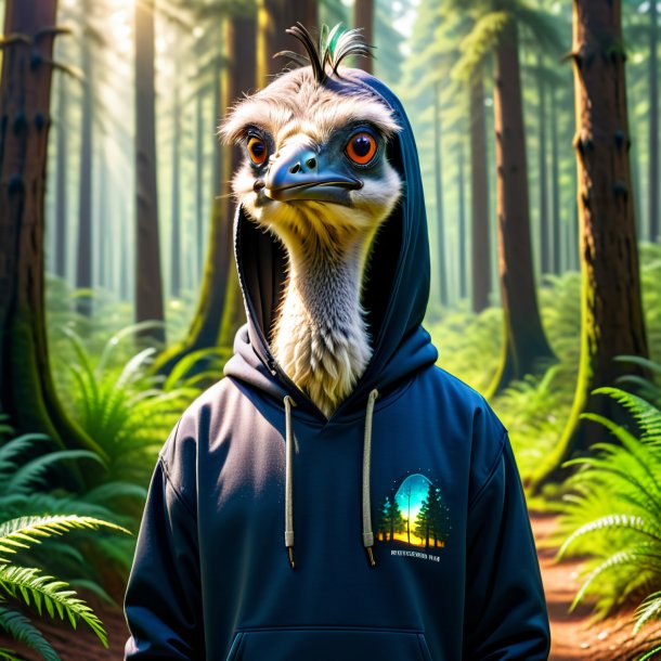 Image of a emu in a hoodie in the forest