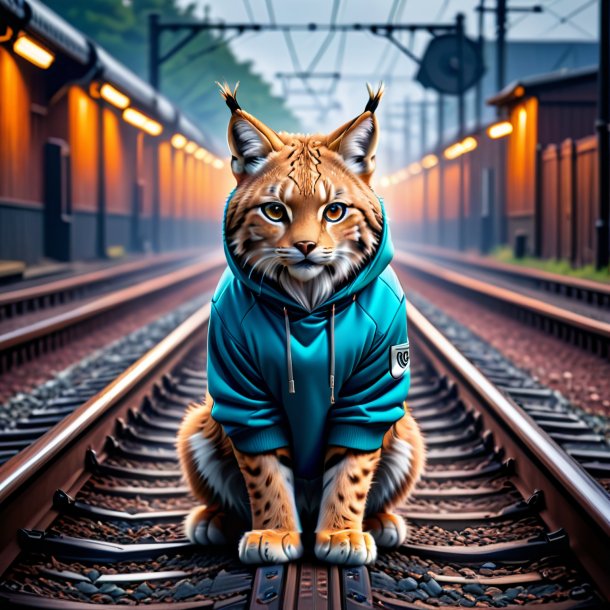 Foto de um lince em um hoodie nos trilhos ferroviários