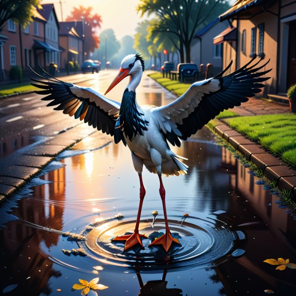 Drawing of a stork in a gloves in the puddle