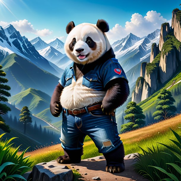 Picture of a giant panda in a jeans in the mountains