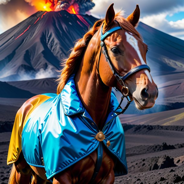 Photo of a horse in a jacket in the volcano