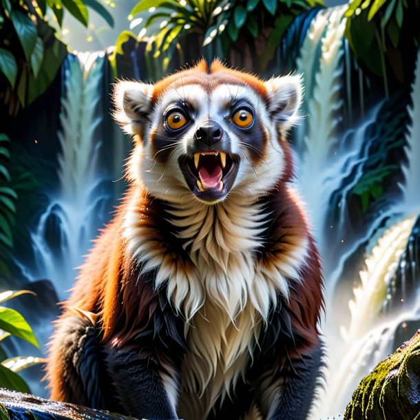 Picture of a angry of a lemur in the waterfall