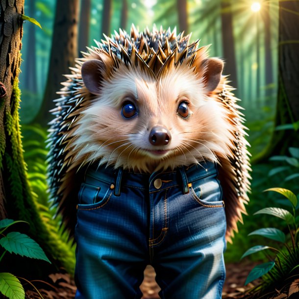 Pic of a hedgehog in a jeans in the forest