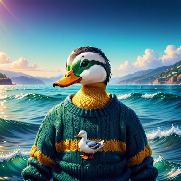 Illustration of a duck in a sweater in the sea