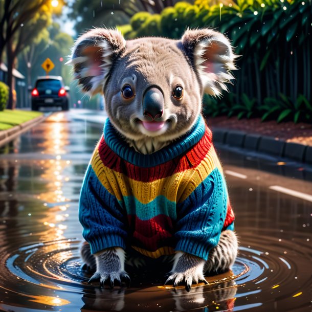 Pic of a koala in a sweater in the puddle