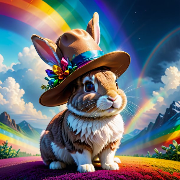 Illustration d'un lapin dans un chapeau sur l'arc-en-ciel