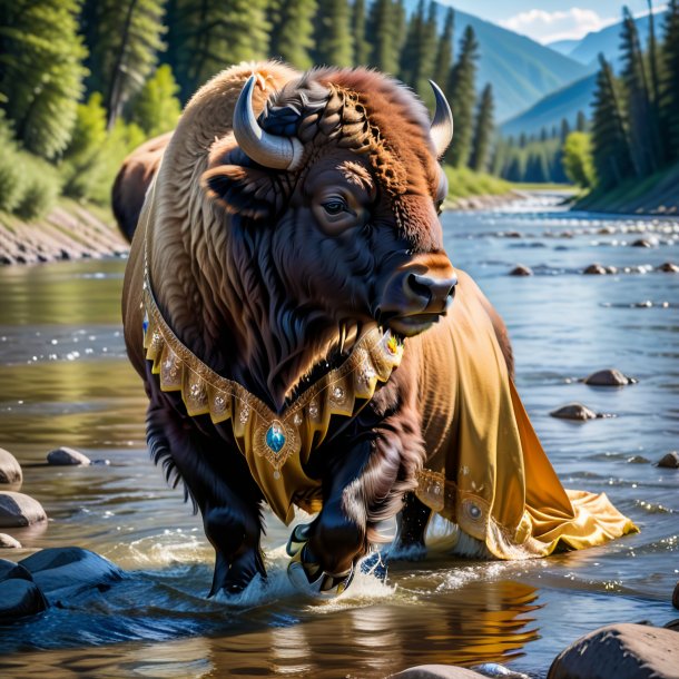 Picture of a bison in a dress in the river