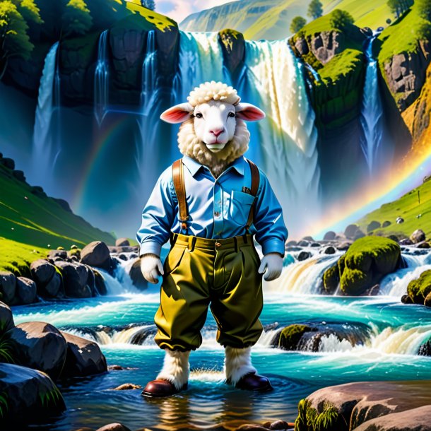 Picture of a sheep in a trousers in the waterfall