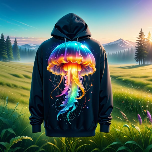 Drawing of a jellyfish in a hoodie in the meadow