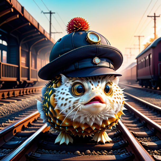 Illustration of a pufferfish in a hat on the railway tracks