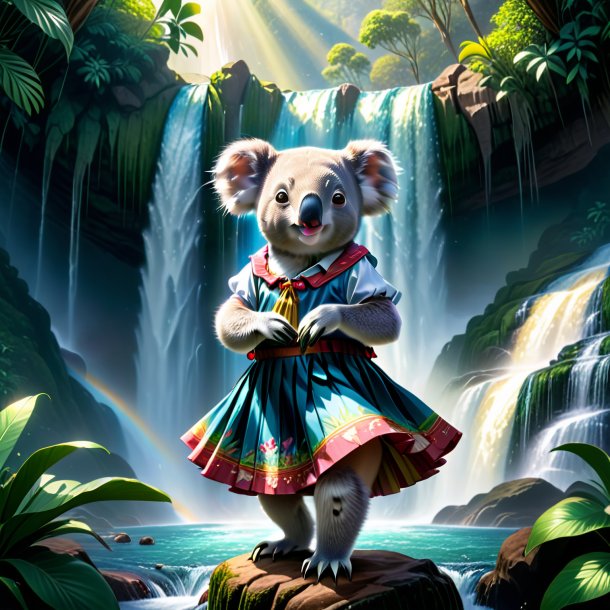 Illustration of a koala in a skirt in the waterfall