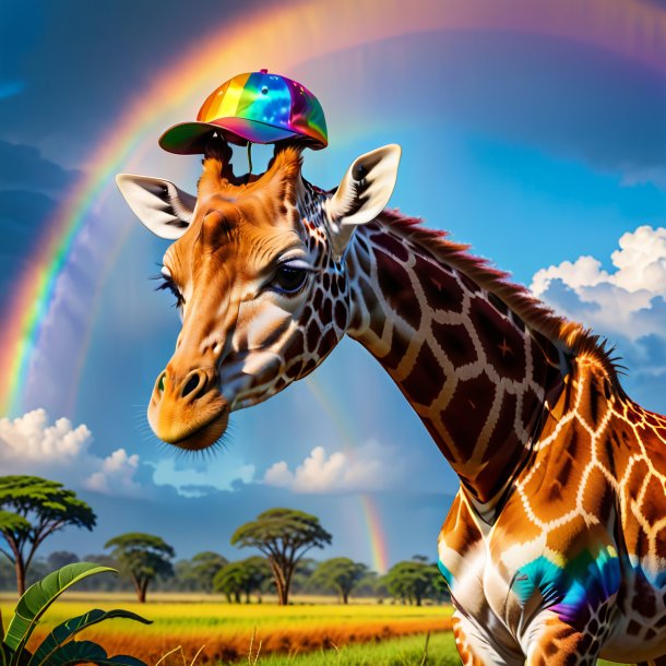 Imagen de una jirafa en una gorra en el arco iris