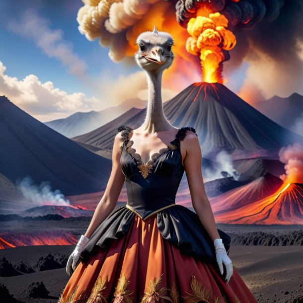 Image of a ostrich in a dress in the volcano