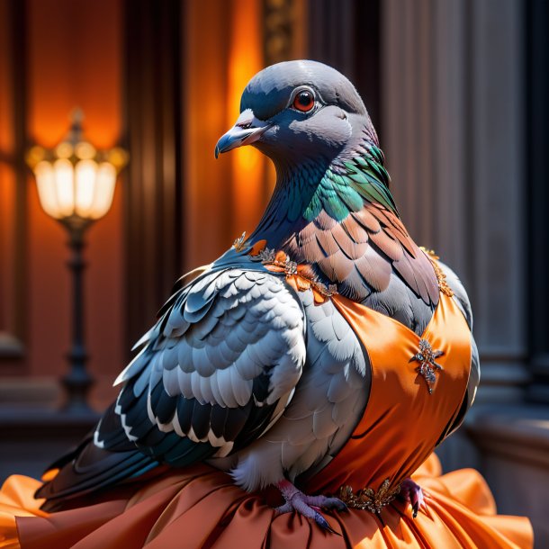 Foto de una paloma en un vestido naranja