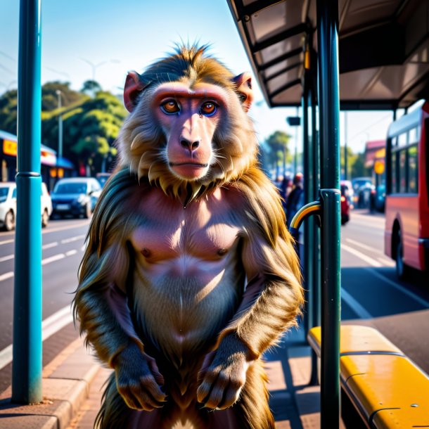 Imagem de um babuíno em um cinto no ponto de ônibus