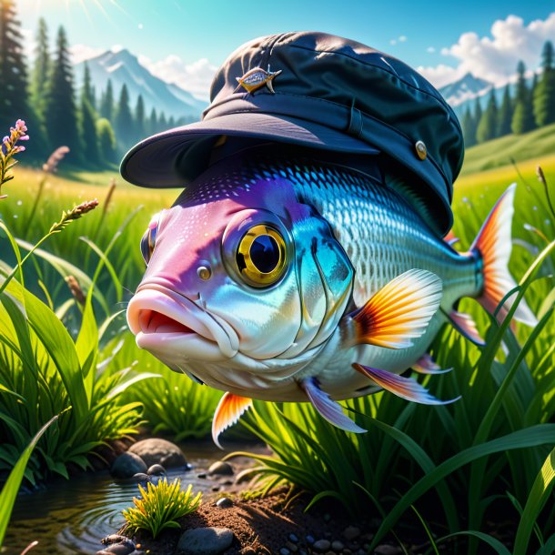 Pic of a fish in a cap in the meadow