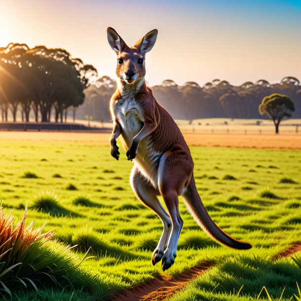 Picture of a jumping of a kangaroo on the field