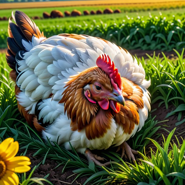 Picture of a sleeping of a hen on the field