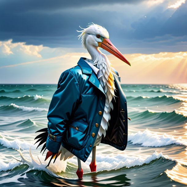 Image of a stork in a jacket in the sea