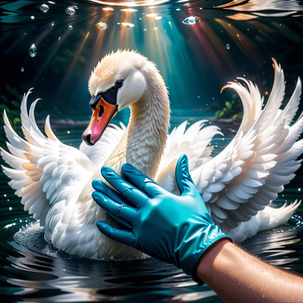 Pic of a swan in a gloves in the water