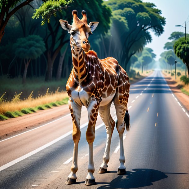 Foto de um choro de uma girafa na estrada