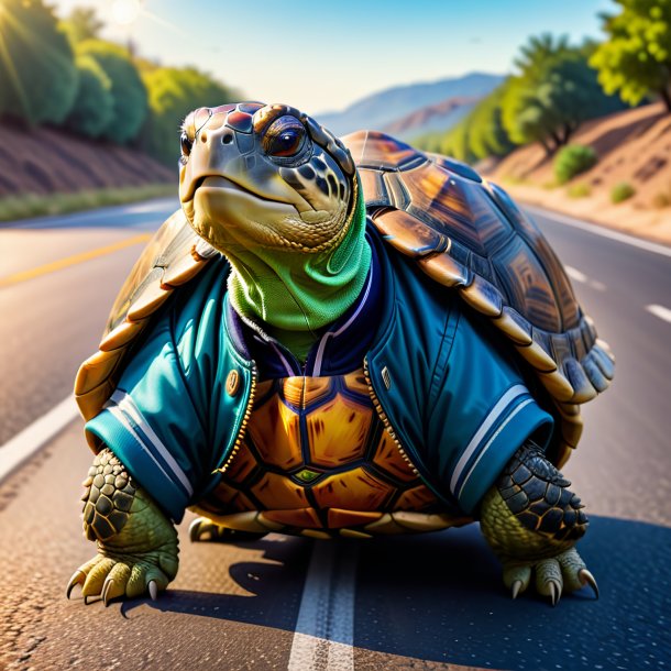 Picture of a tortoise in a jacket on the road