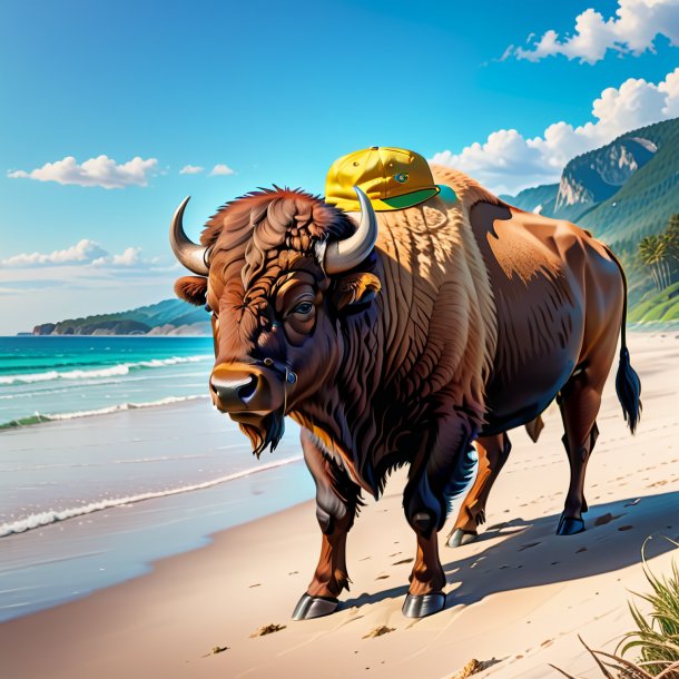 Illustration of a bison in a cap on the beach