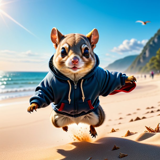 Photo of a flying squirrel in a hoodie on the beach