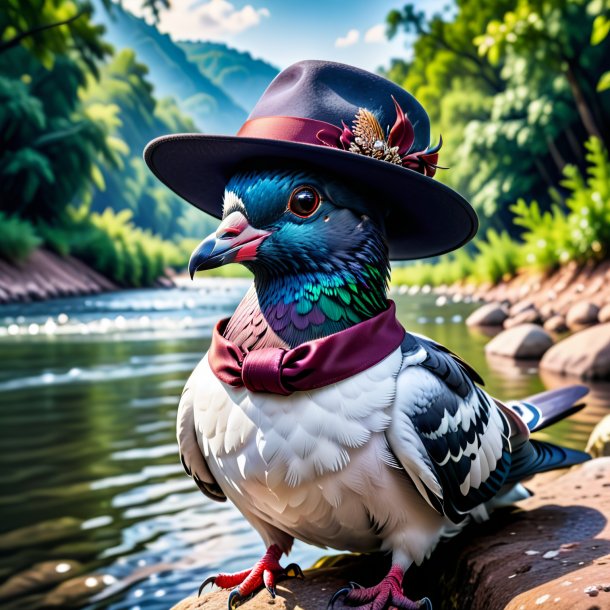 Photo of a pigeon in a hat in the river