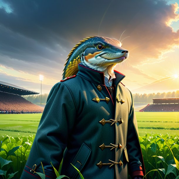 Drawing of a pike in a coat on the field