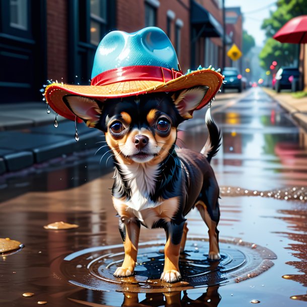 Illustration of a chihuahua in a hat in the puddle