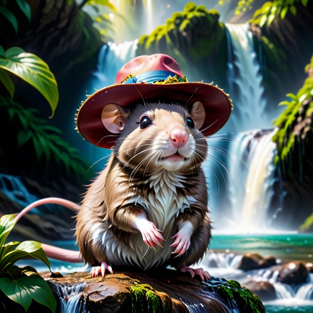 Pic of a rat in a hat in the waterfall