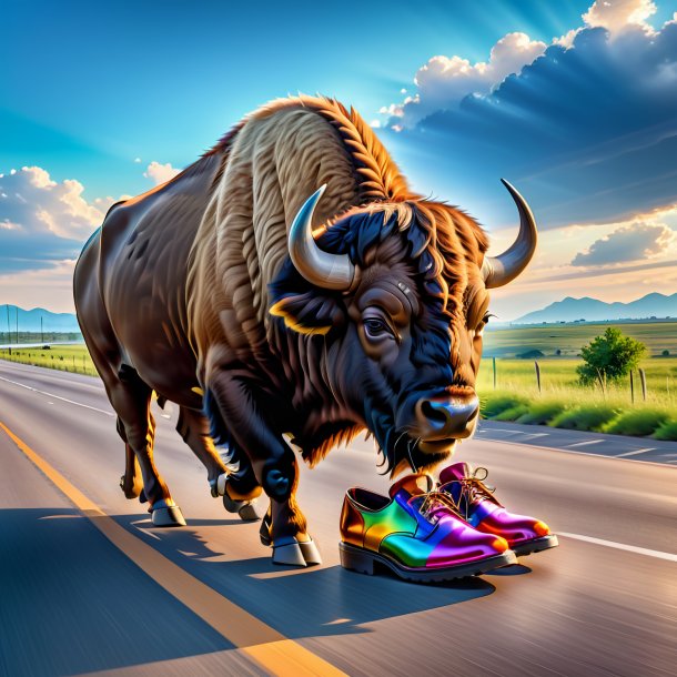 Pic of a buffalo in a shoes on the highway