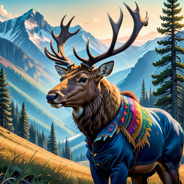 Dessin d'un wapiti dans un jean dans les montagnes