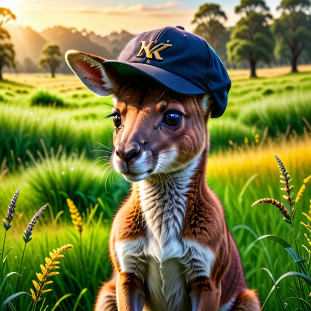 Foto de um canguru em um boné no prado