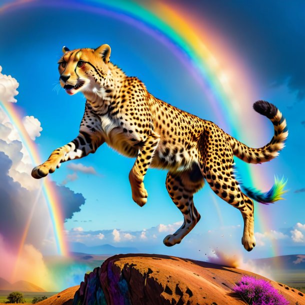 Image of a jumping of a cheetah on the rainbow