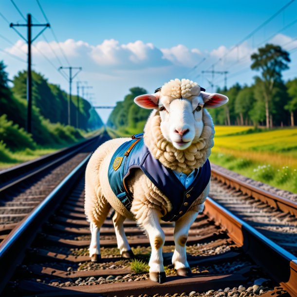 Foto de la oveja en el chaleco sobre las vías del ferrocarril