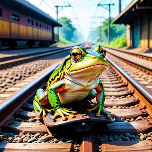 Image of a frog in a shoes on the railway tracks