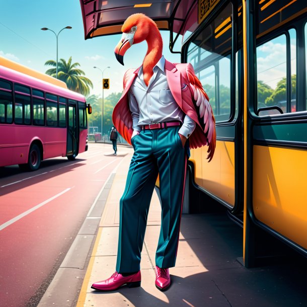 Ilustração de um flamingo em uma calça no ponto de ônibus