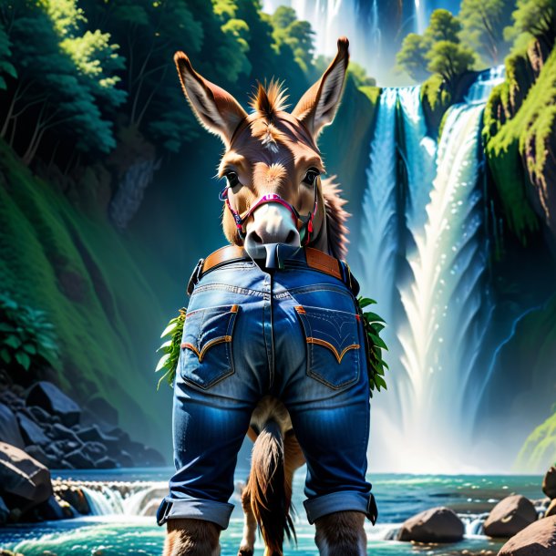 Image of a donkey in a jeans in the waterfall