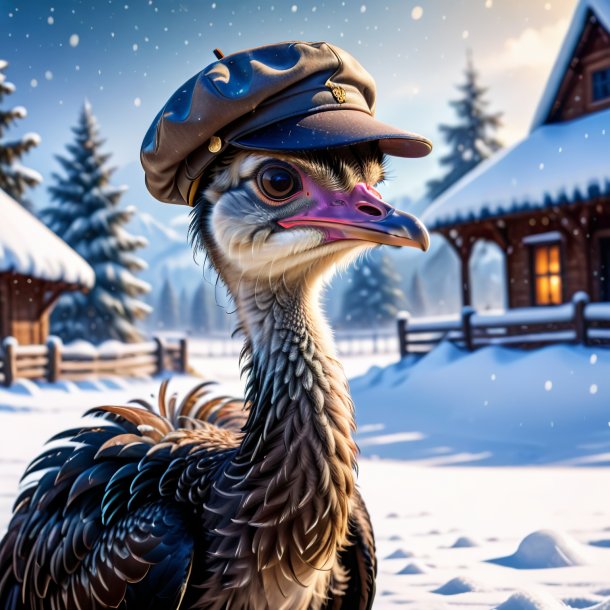 Image of a ostrich in a cap in the snow