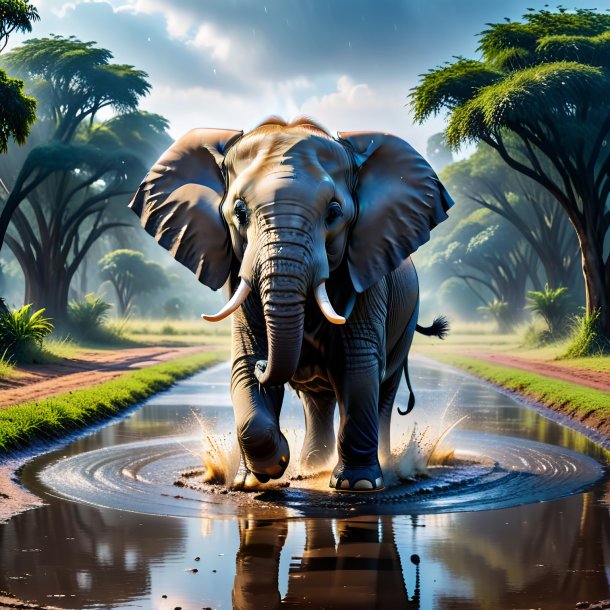 Photo of a dancing of a elephant in the puddle