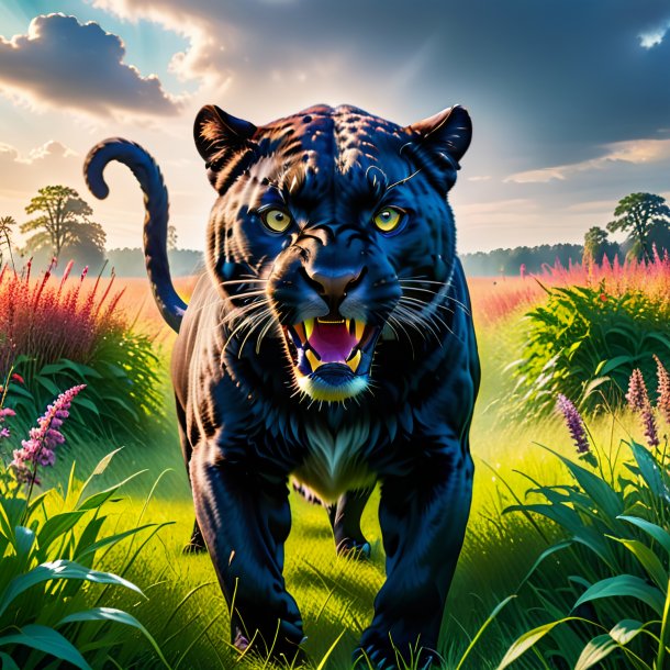 Photo of a threatening of a panther in the meadow