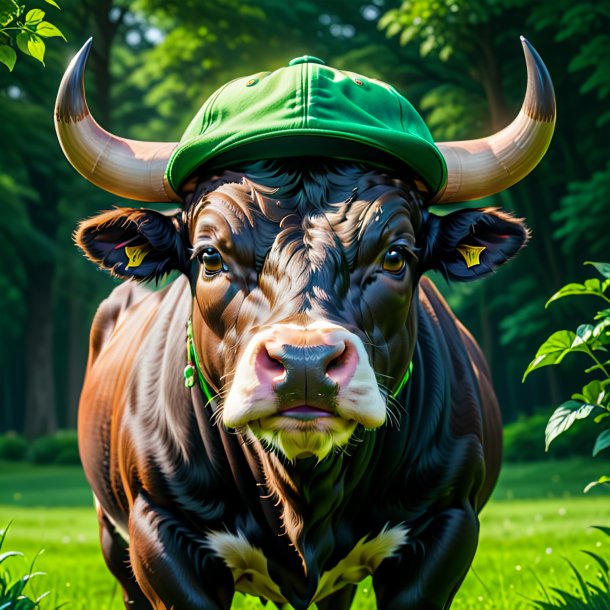 Image of a bull in a green cap